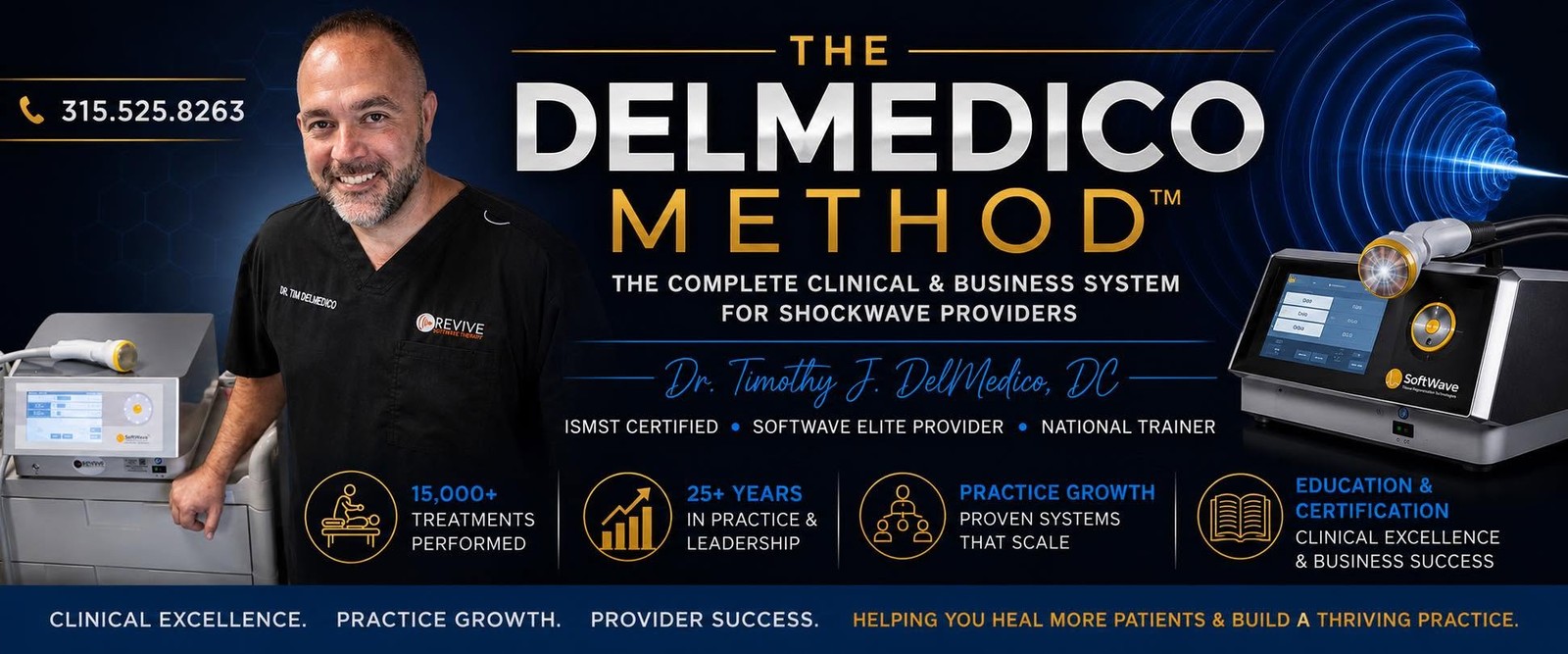 The DelMedico Method, the complete clinical and business system for shockwave providers. Dr. Timothy J. DelMedico, DC. ISMST certified, SoftWave Elite Provider, national trainer.